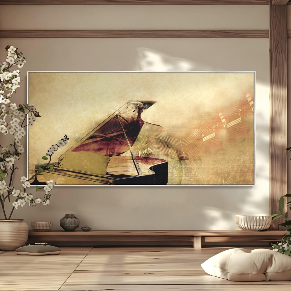 Tablou canvas cu tablou canvas cu pian vechi si note muzicale, in rama de aluminiu argintiu